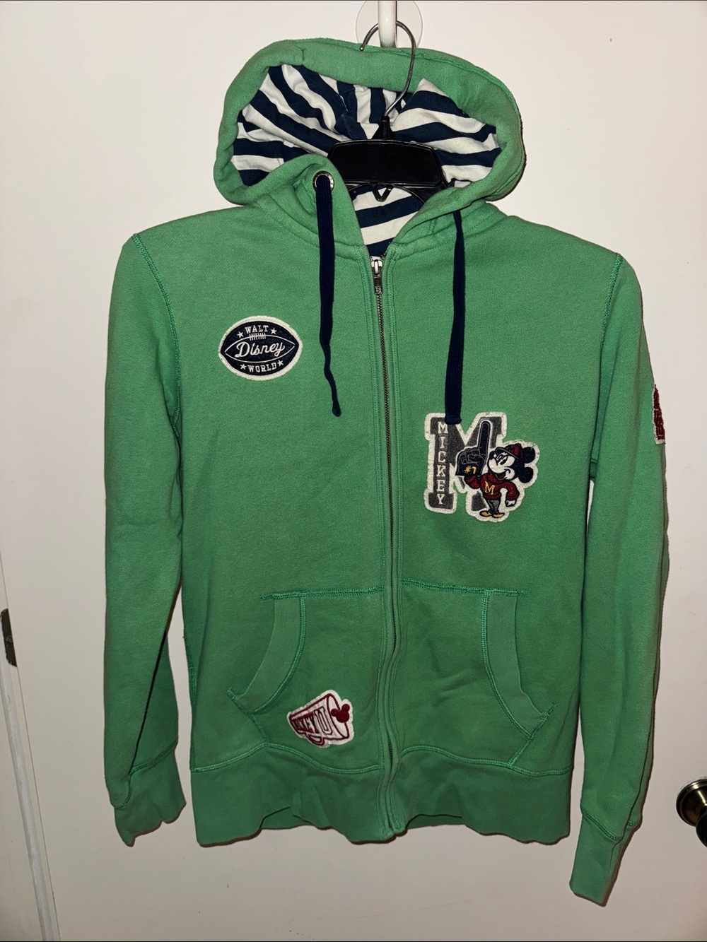 Disney Green Hoodie Jacket with Navy Striped Lined Hood